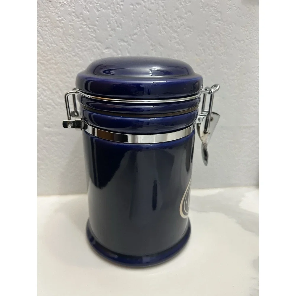 Vintage Cobalt Blue Coffee  Ceramic Canister Stainless Lock Airtight 6.75